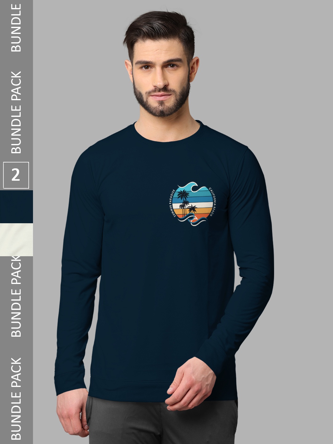 

BULLMER Pack Of 2 Printed Long Sleeves Round Neck T-shirt, Navy blue