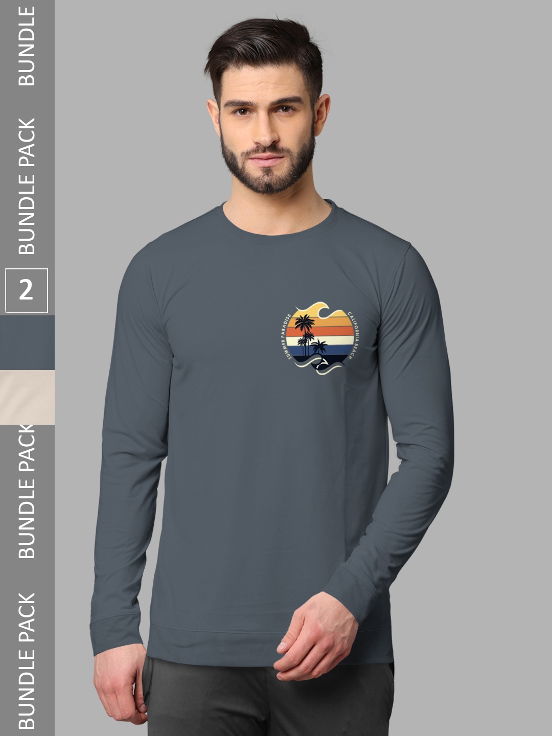 

BULLMER Pack Of 2 Typography Printed Hood Long Sleeves Round Neck T-shirt, Grey