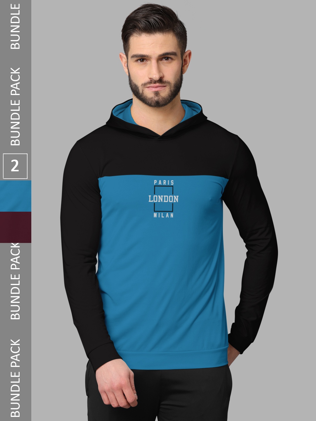 

BULLMER Pack of 2 Typography Printed Hooded Casual Cotton T-shirts, Blue