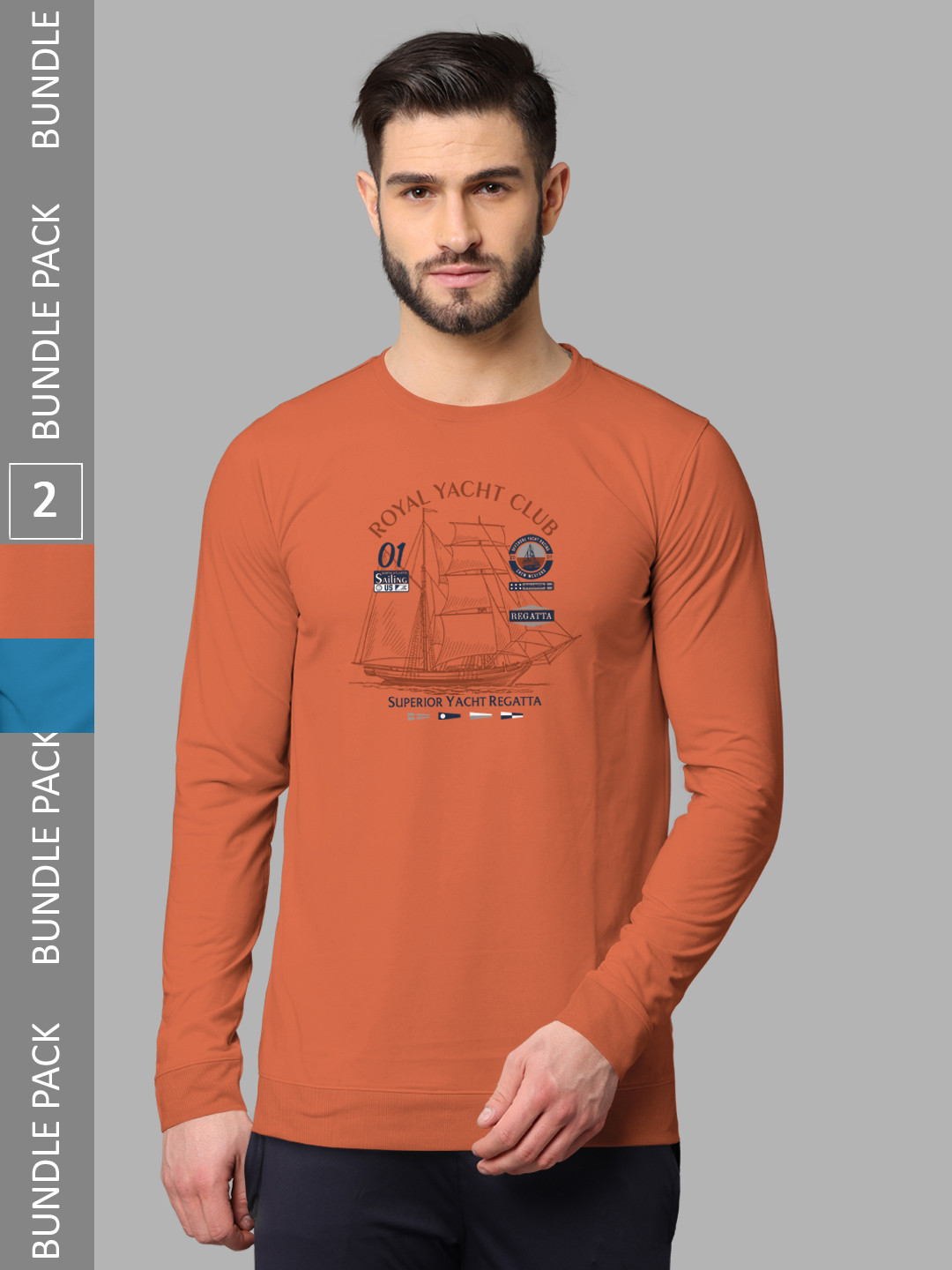 

BULLMER Pack Of 2 Graphic Printed Round Neck Cotton Casual T-Shirts, Orange