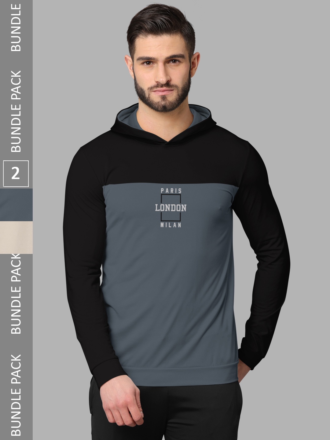 

BULLMER Pack Of 2 Colourblocked Hooded Neck Cotton Casual T-Shirts, Black