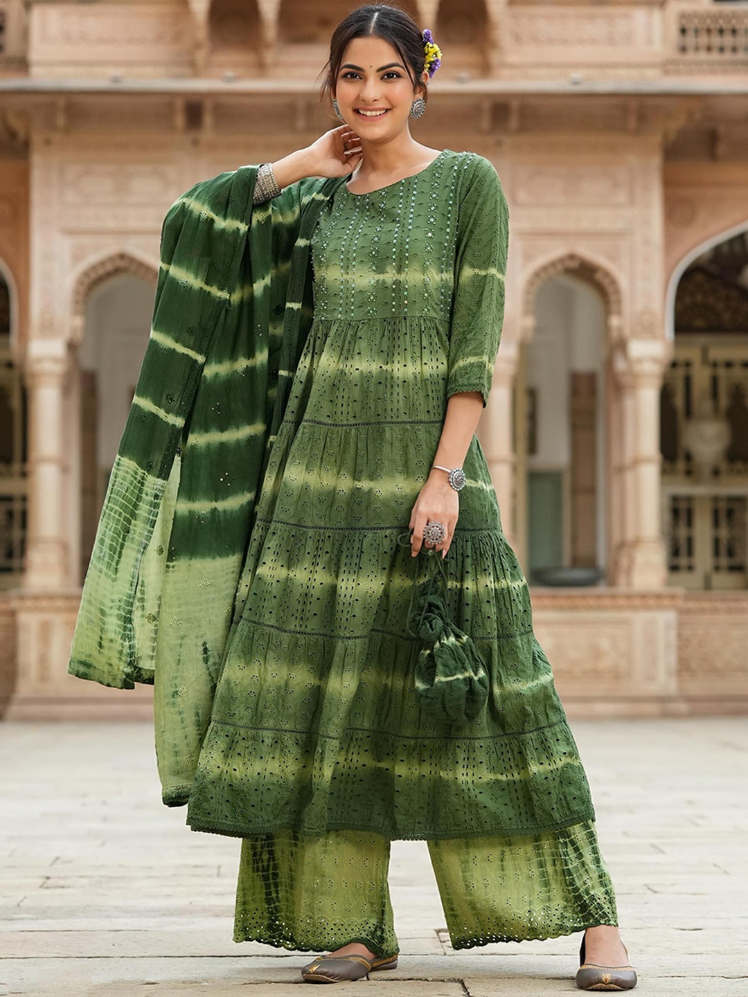 

SCAKHI Ombre Dyed Tiered Sequinned Pure Cotton Kurta with Palazzos & With Dupatta, Green