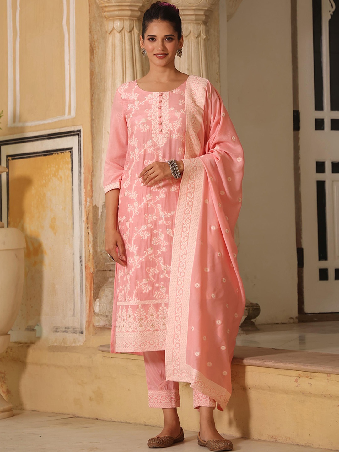 

SCAKHI Floral Woven Design Kurta With Trousers & Dupatta, Peach