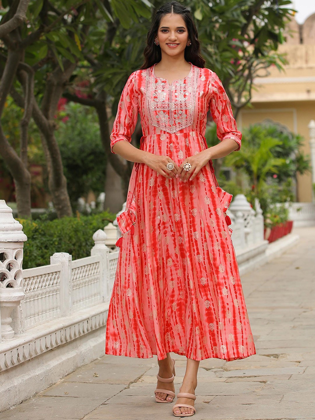 

SCAKHI Ethnic Motif Printed Notched Neck Maxi A-Line Ethnic Dress, Red