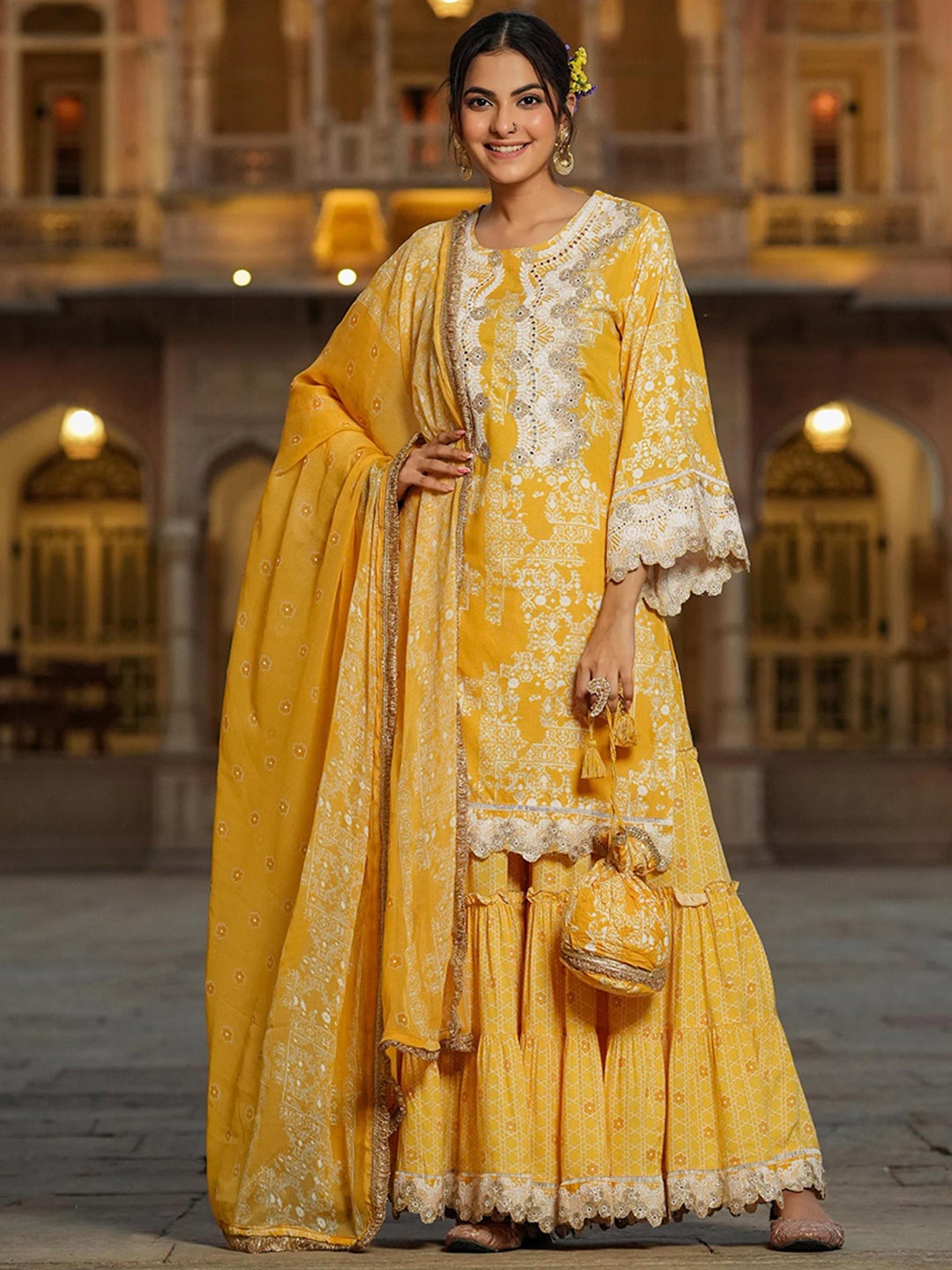 

SCAKHI Ethnic Moifs Printed Mirror Work Kurta with Sharara & With Dupatta, Yellow