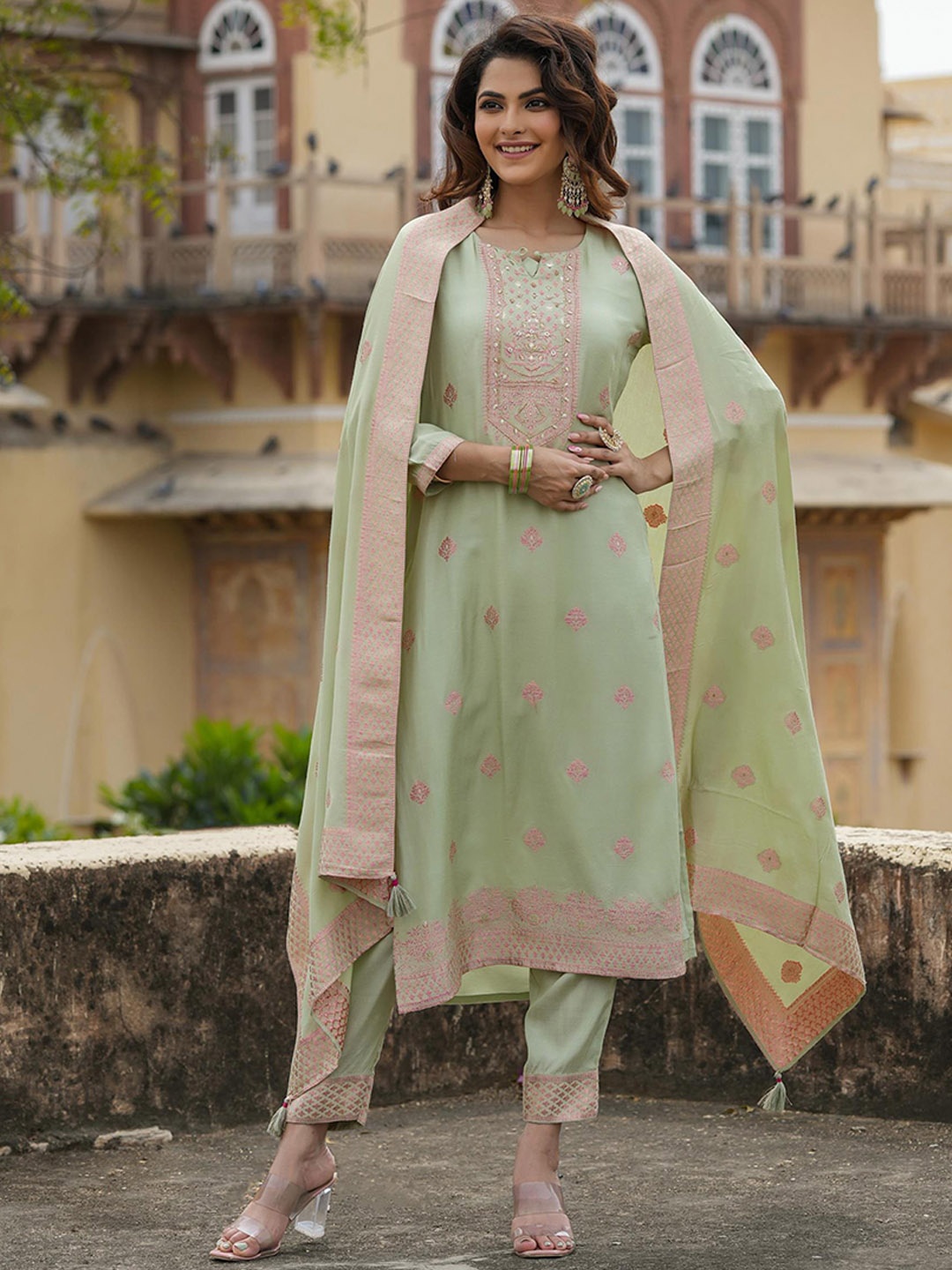 

SCAKHI Woven Design Beads and Stones Detail Kurta with Trousers & With Dupatta, Green