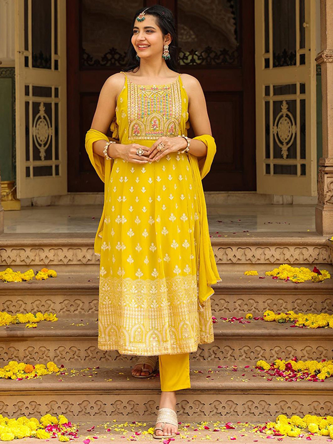 

SCAKHI Ethnic Motifs Printed Thread Work Kurta with Trousers & With Dupatta, Mustard