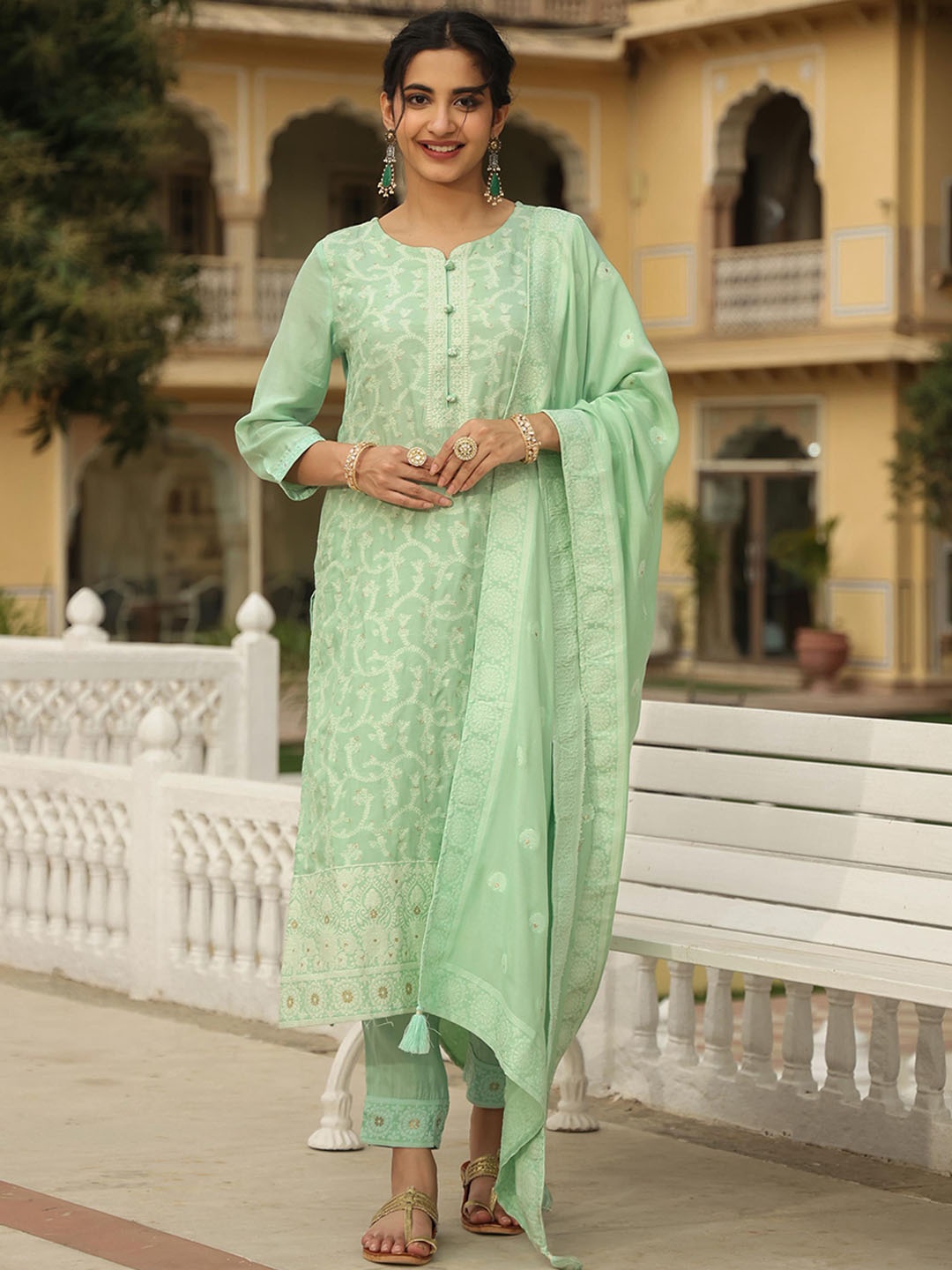 

SCAKHI Floral Woven Design Kurta With Trousers & Dupatta, Green