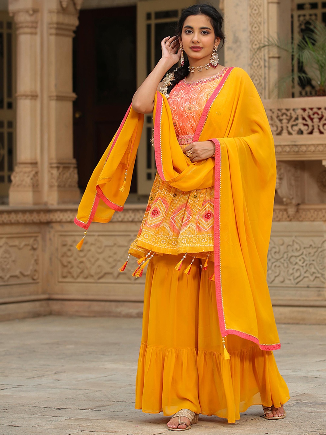 

SCAKHI Bandhani Printed Empire Sequinned Kurti with Sharara & With Dupatta, Yellow