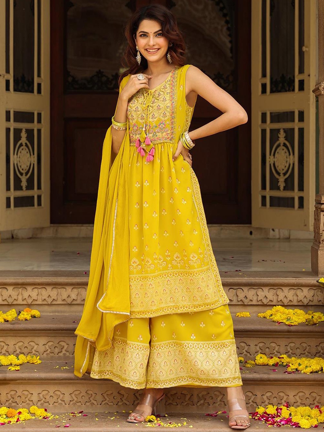 

SCAKHI Ethnic Motifs Printed Pleated A-Line Kurta With Palazzos & Dupatta, Mustard