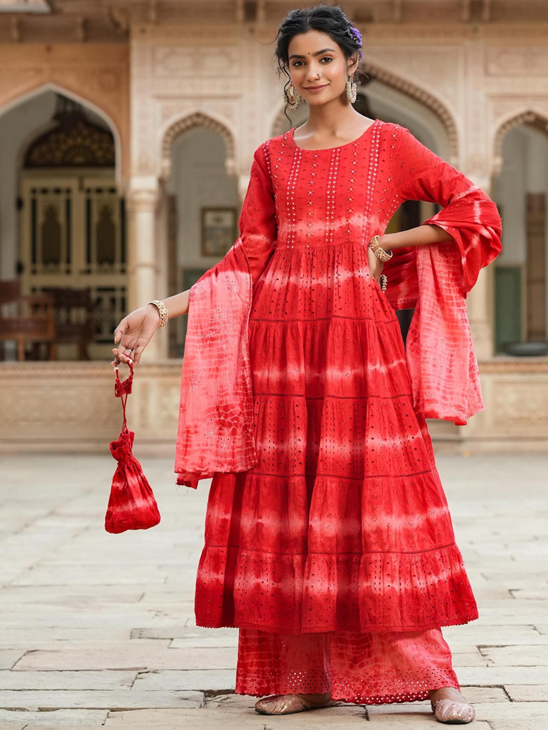 

SCAKHI Ombre Dyed Tiered Sequinned Pure Cotton Kurta with Palazzos & With Dupatta, Red