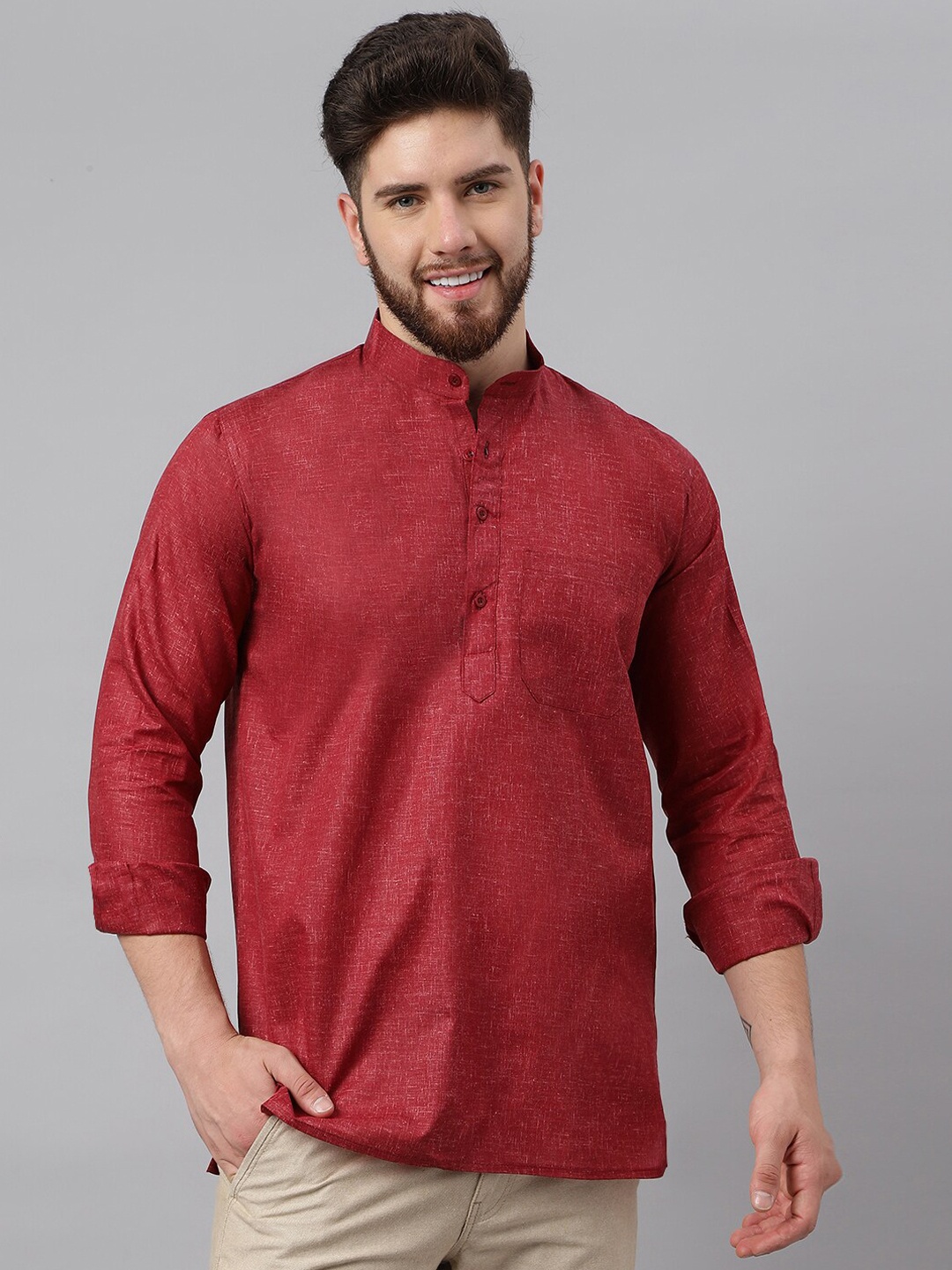 

RIAG Band Collar Khadi Pure Cotton Short Kurta, Red