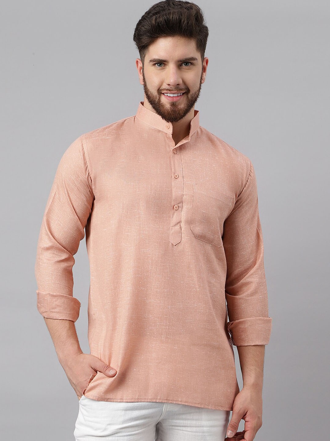 

RIAG Band Collar Khadi Pure Cotton Short Kurta, Beige