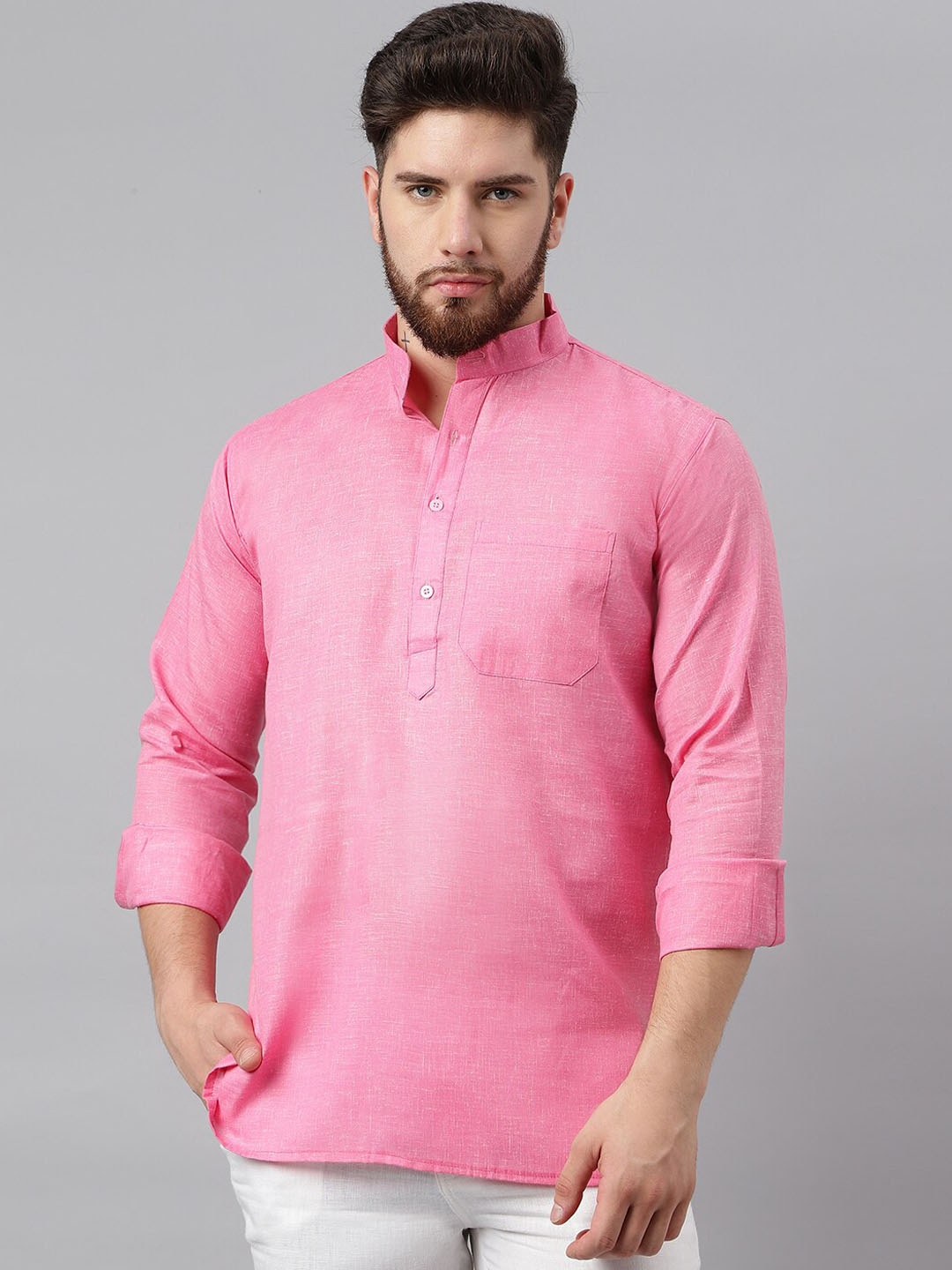 

RIAG Band Collar Khadi Pure Cotton Short Kurta, Pink