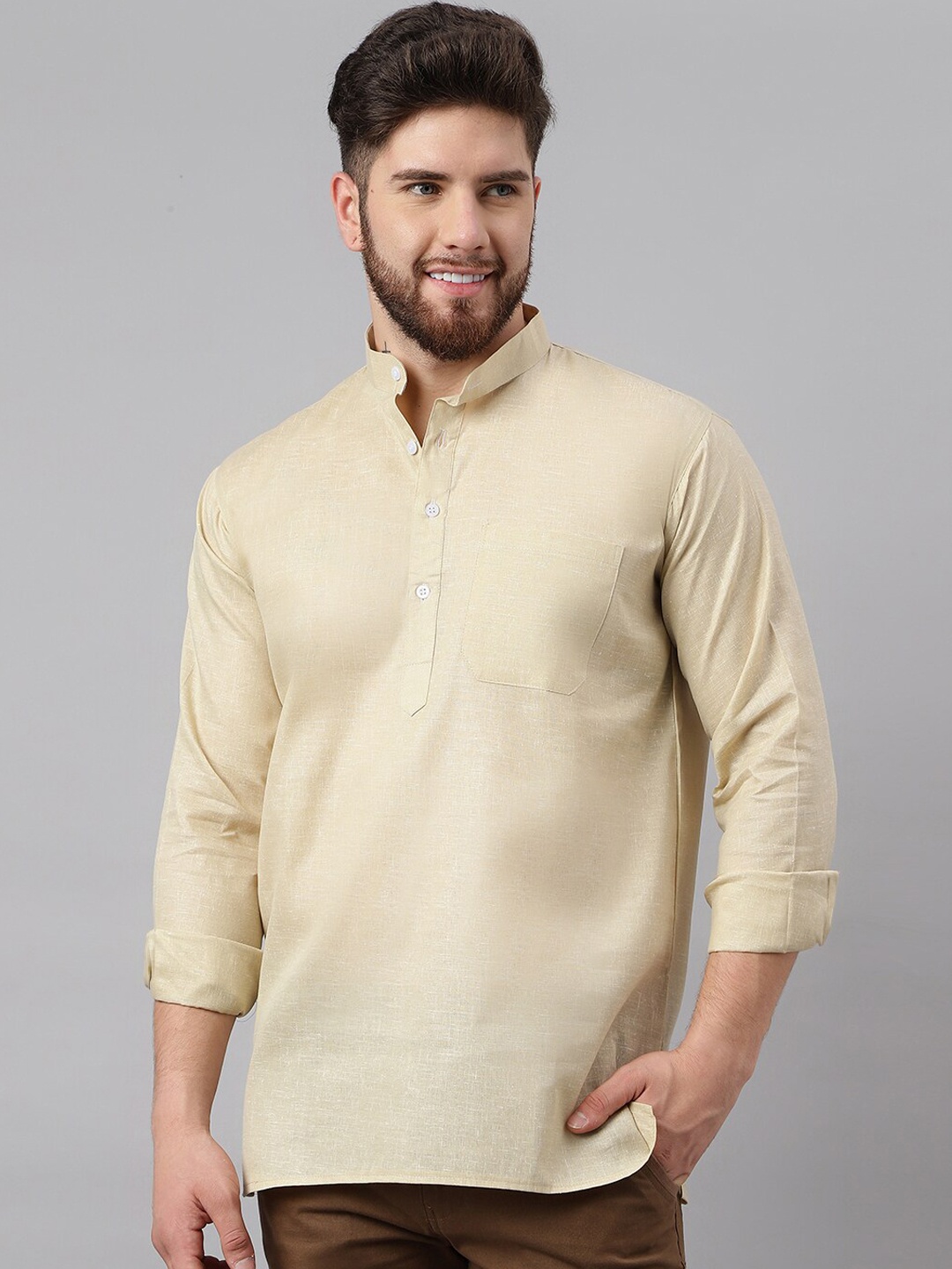 

RIAG Band Collar Khadi Pure Cotton Short Kurta, Beige