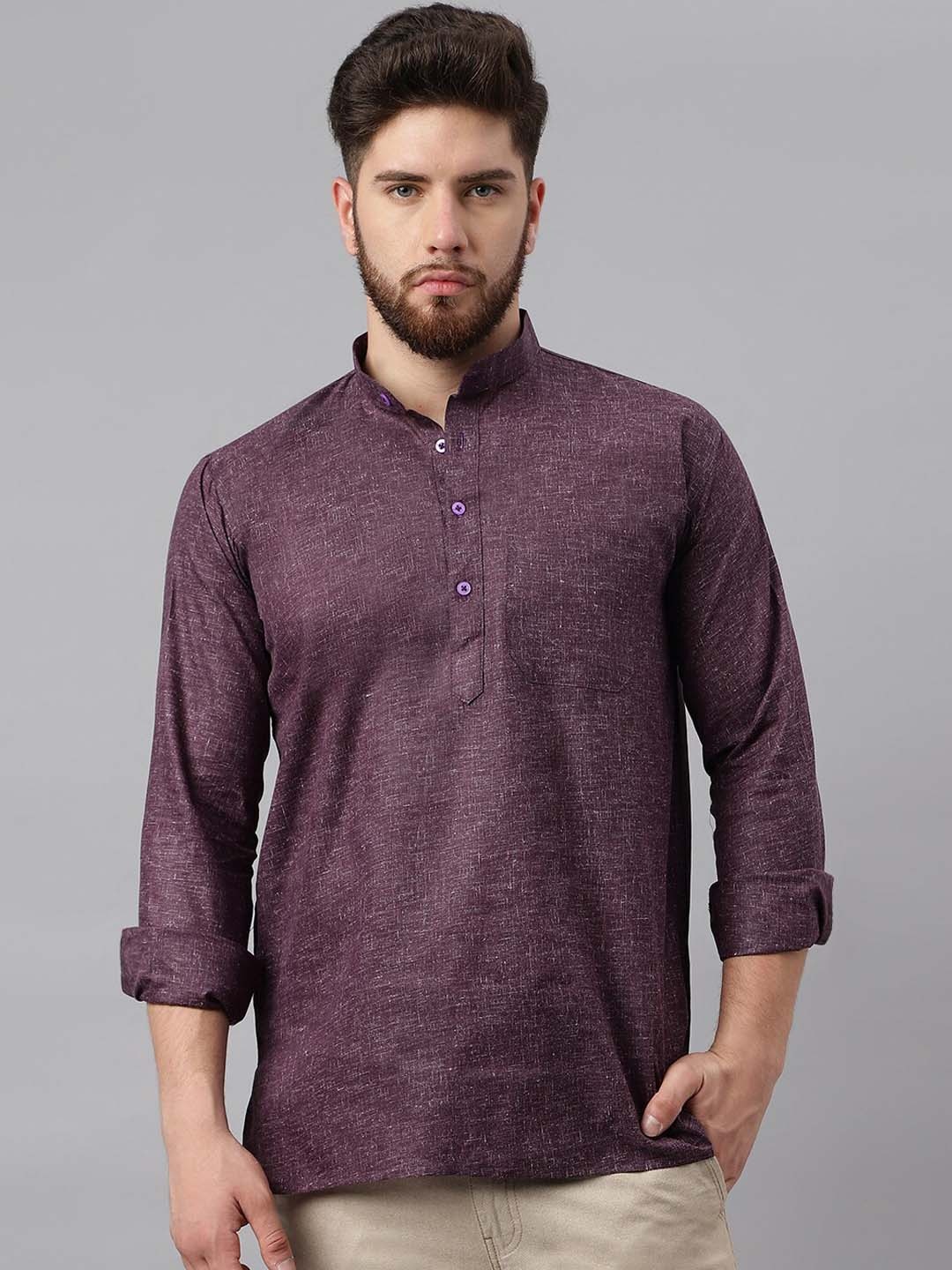 

RIAG Band Collar Khadi Pure Cotton Short Kurta, Purple