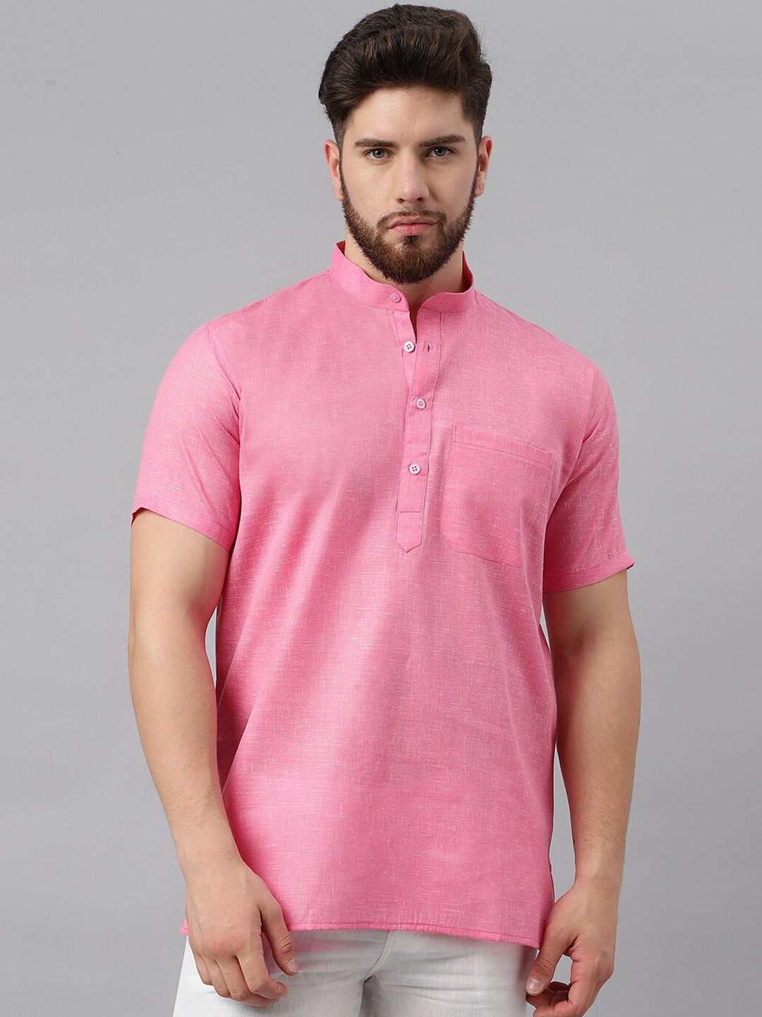 

RIAG Band Collar Khadi Pure Cotton Short Kurta, Pink