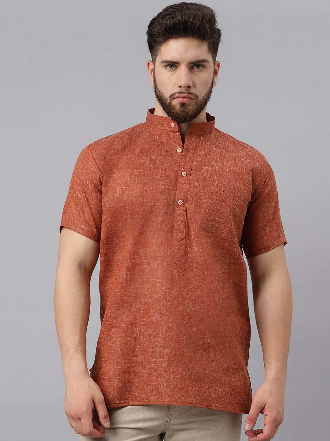 

RIAG Band Collar Khadi Pure Cotton Short Kurta, Brown