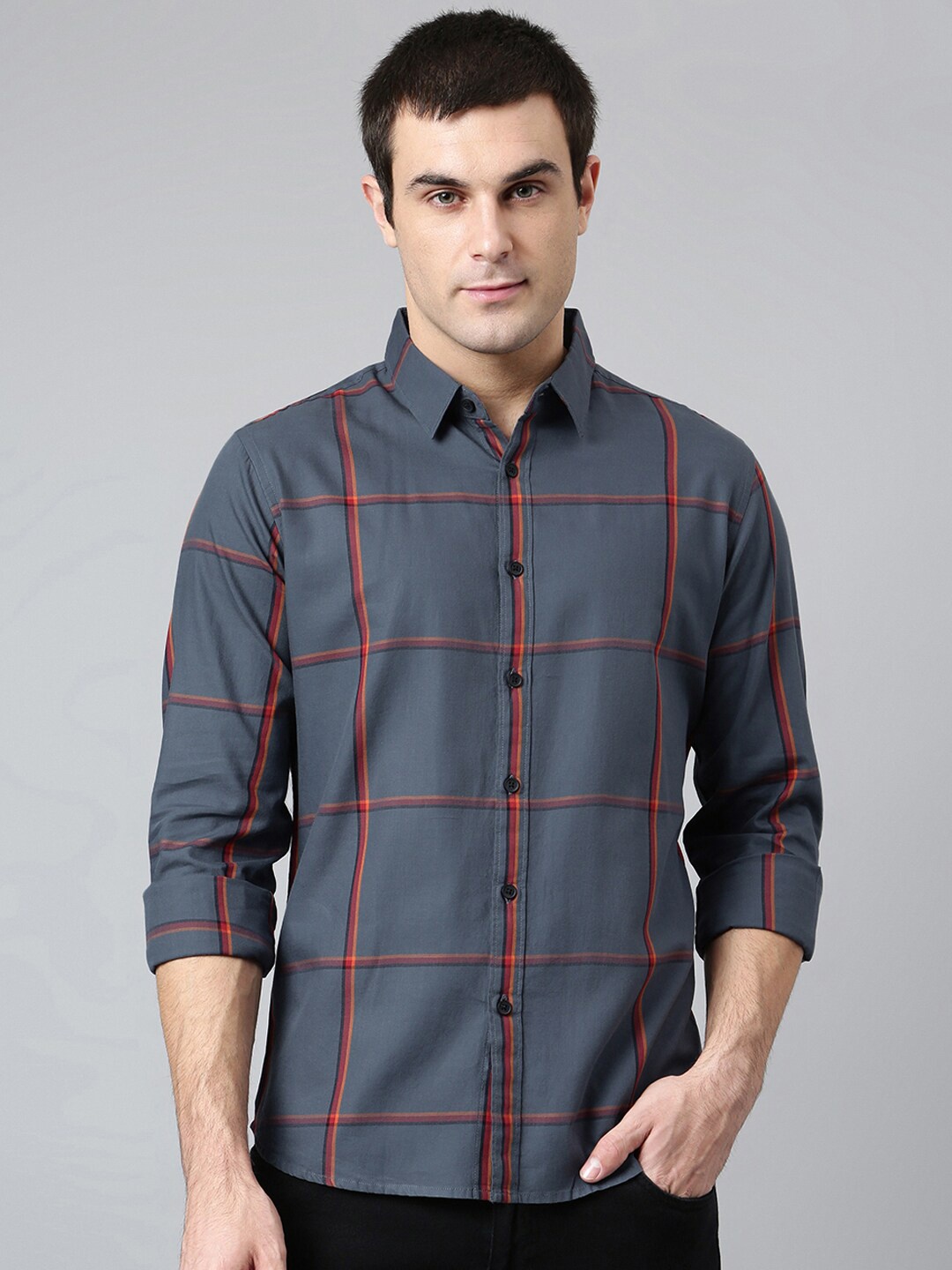 

Dennis Lingo Windowpane Checks Standard Slim Fit Cotton Casual Shirt, Grey