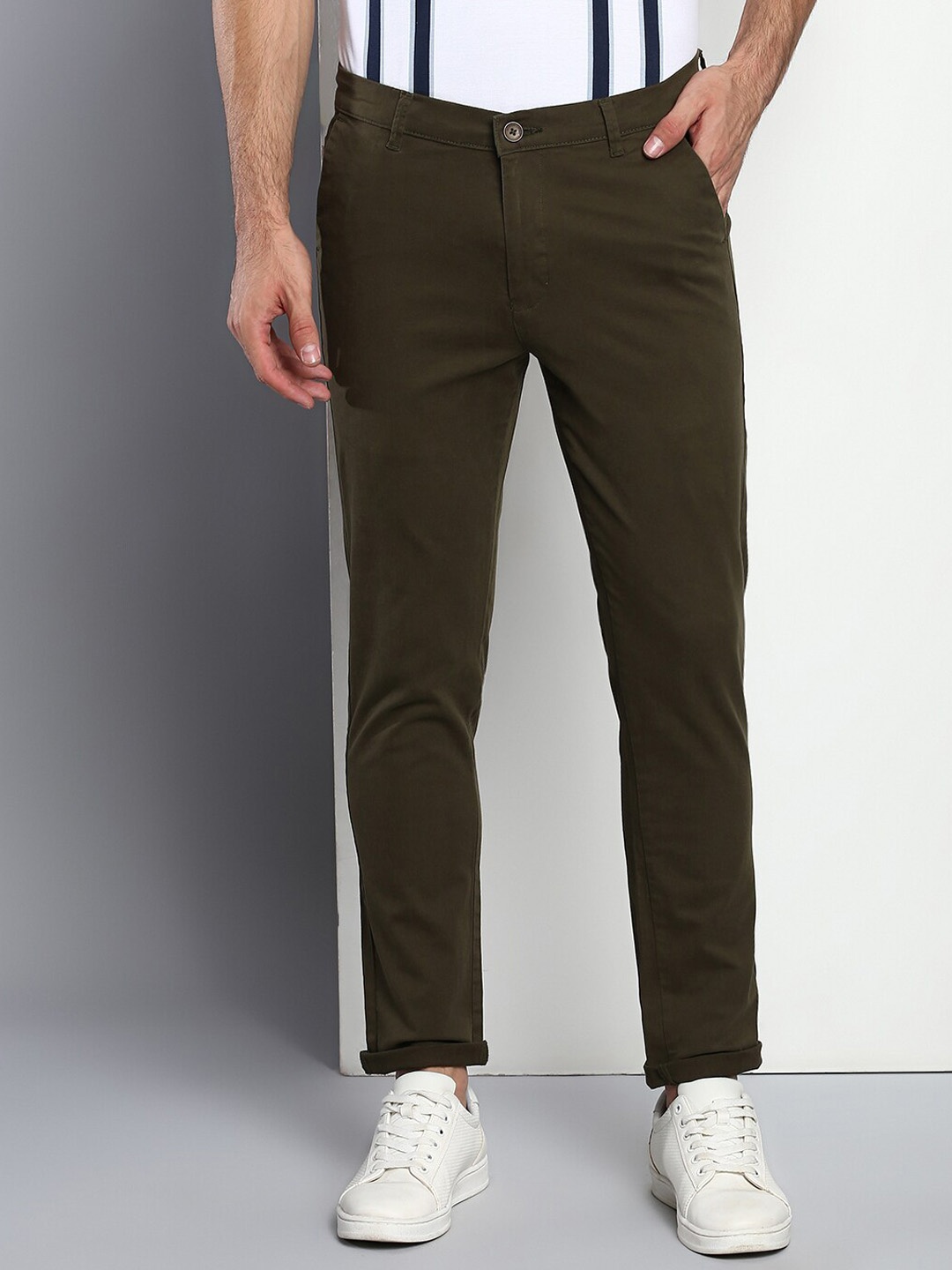 

Dennis Lingo Men Mid-Rise Smart Slim Fit Chinos Trousers, Olive