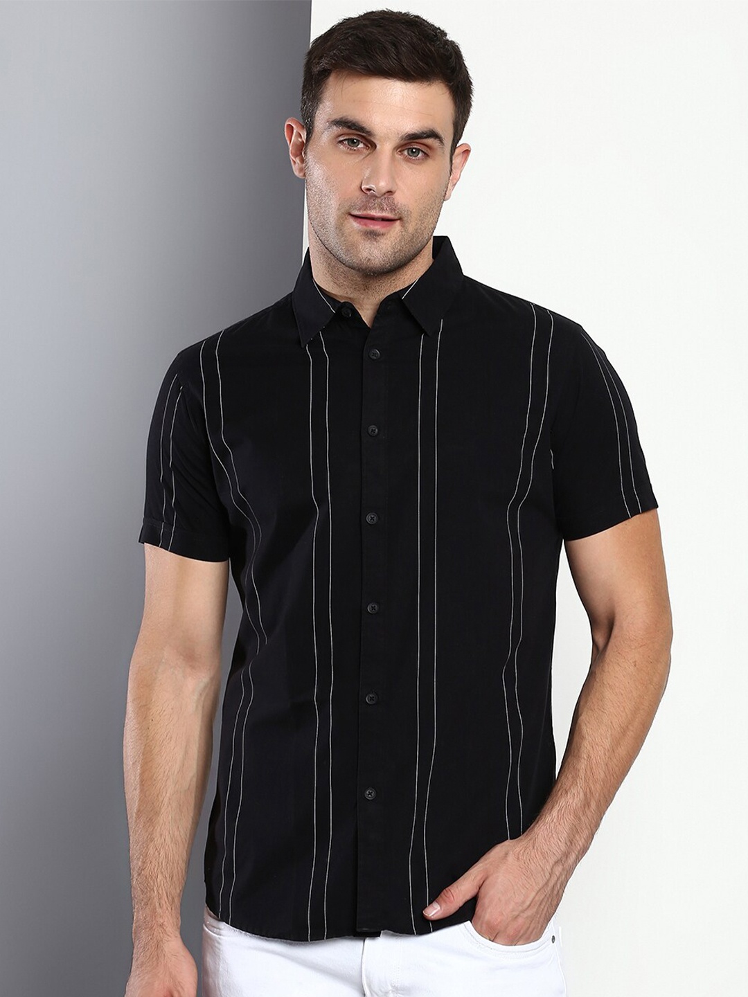 

Dennis Lingo Striped Standard Slim Fit Cotton Casual Shirt, Black