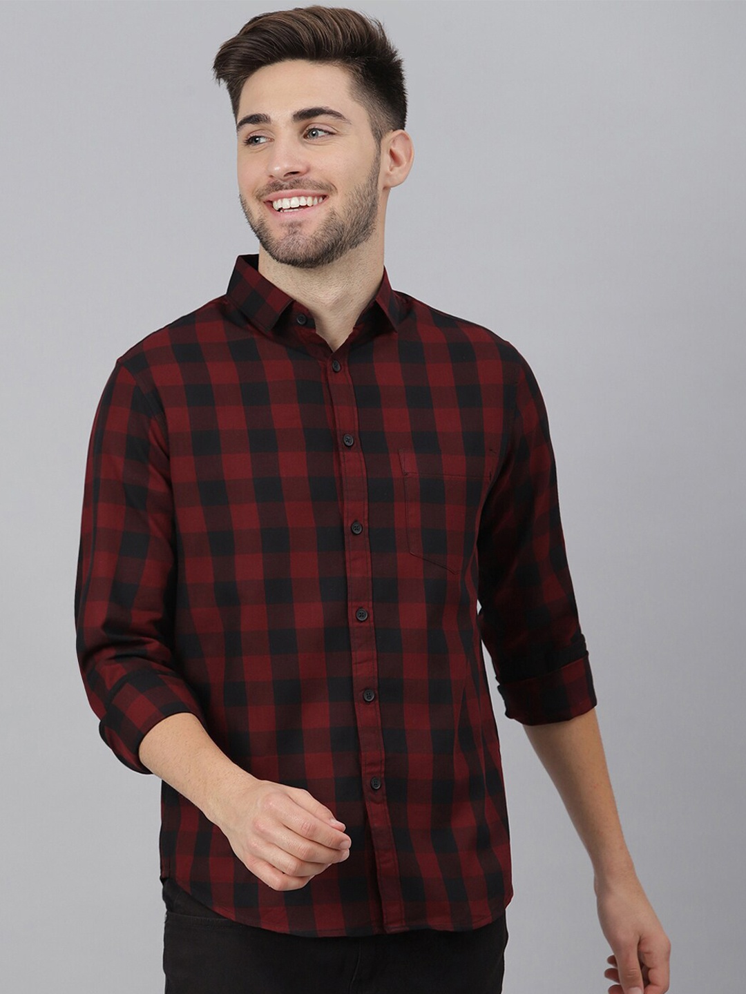 

Dennis Lingo Tartan Checks Standard Slim Fit Pure Cotton Casual Shirt, Maroon