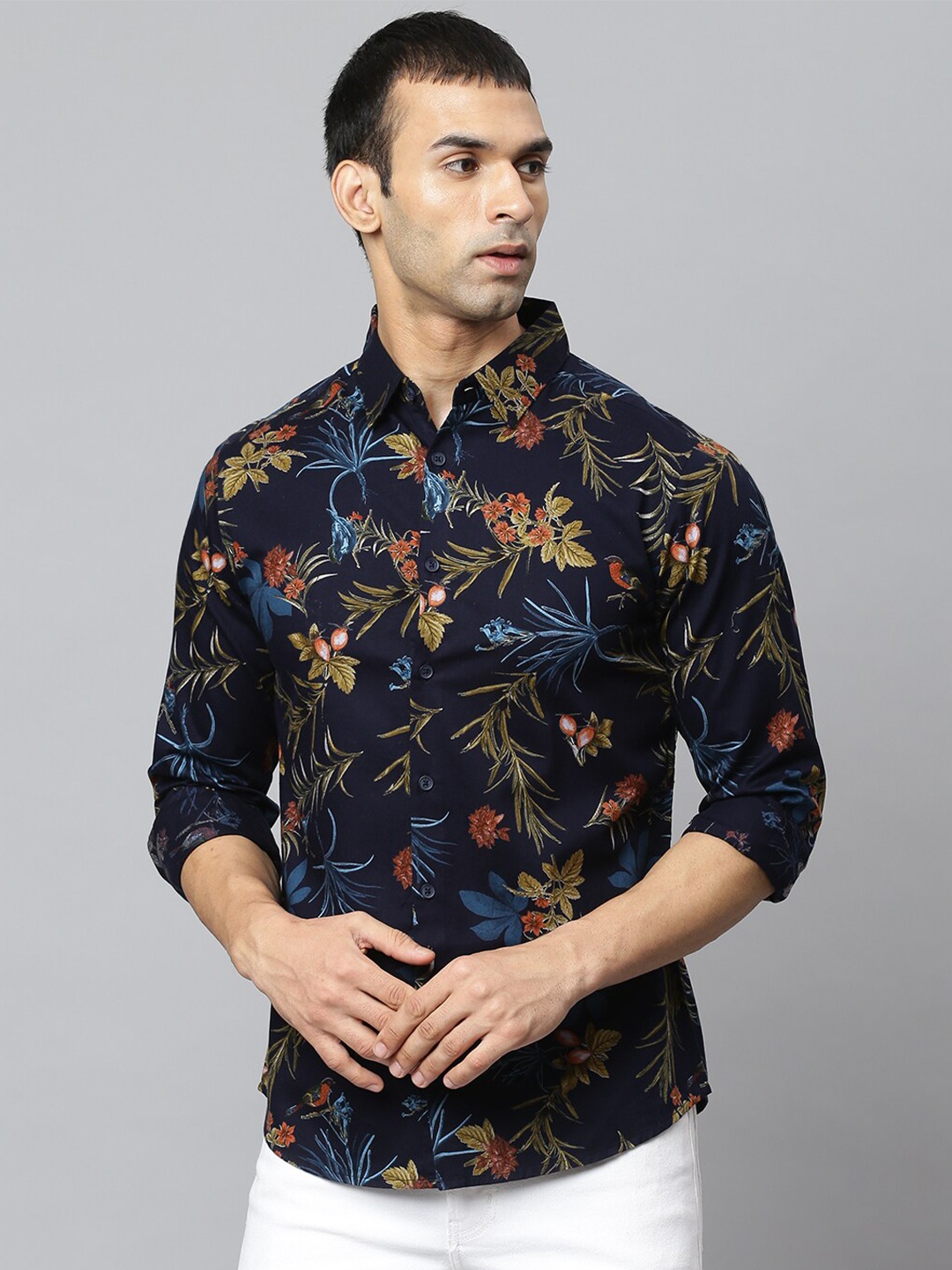 

Dennis Lingo Floral Printed Standard Slim Fit Pure Cotton Casual Shirt, Navy blue