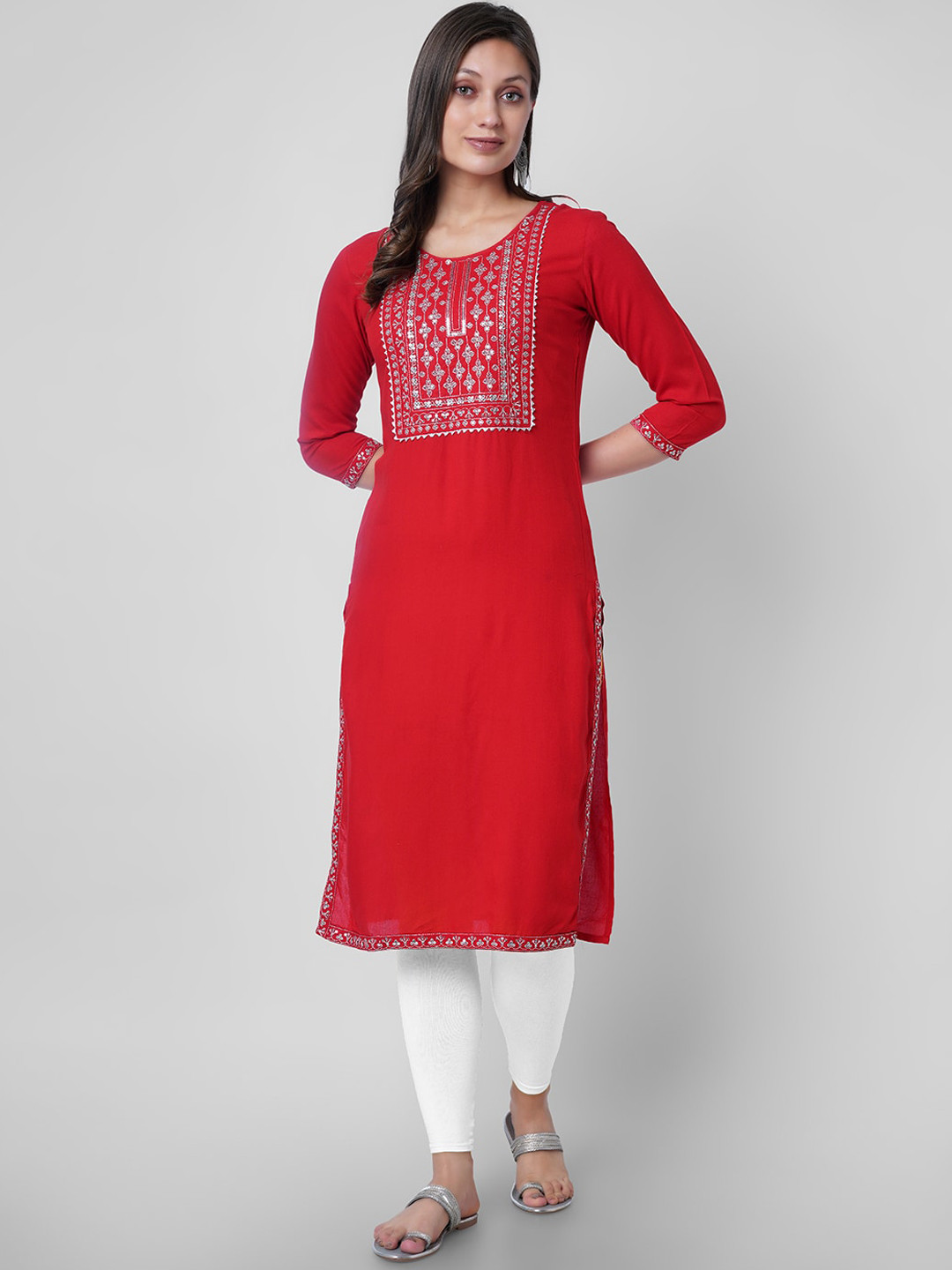 

VASANT APPAREL Ethnic Motifs Yoke Design Straight Kurta, Red