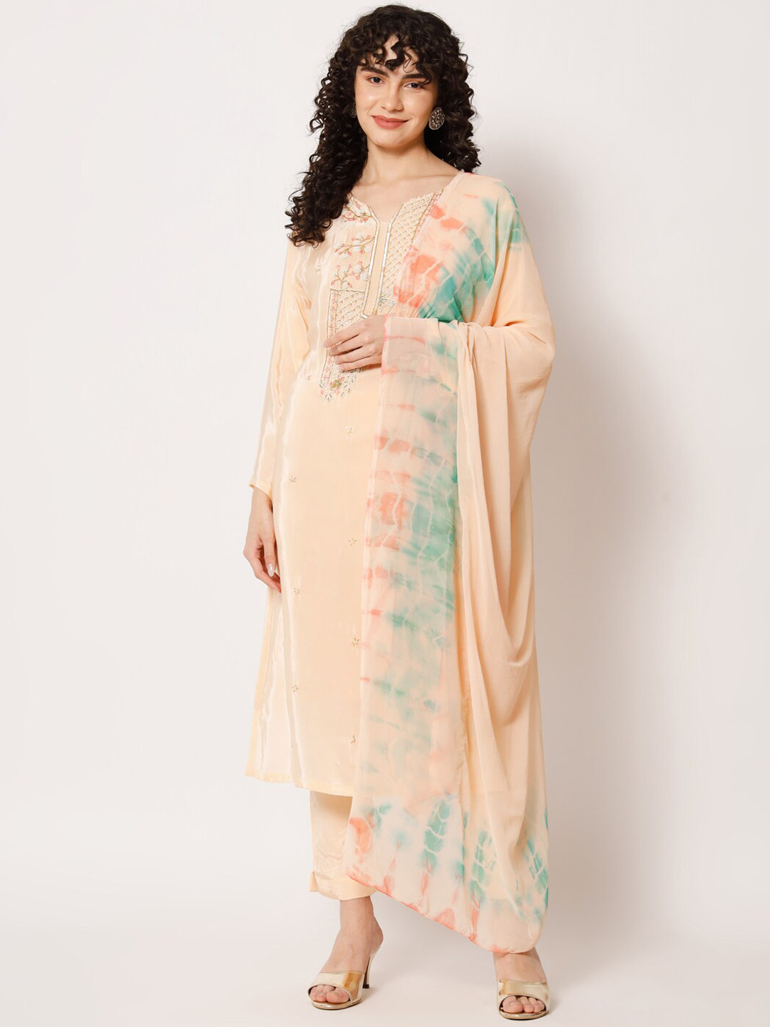 

BCZ Style Floral Embroidered Beads Work Kurta with Trousers & Dupatta, Peach
