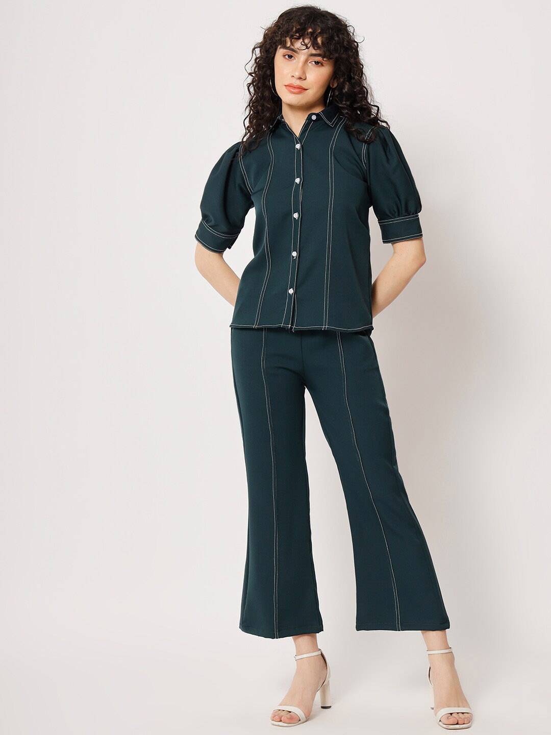 

BCZ STYLE Women Solid Slim Fit Viscose Rayon Shirt With Bootcut Trousers, Teal
