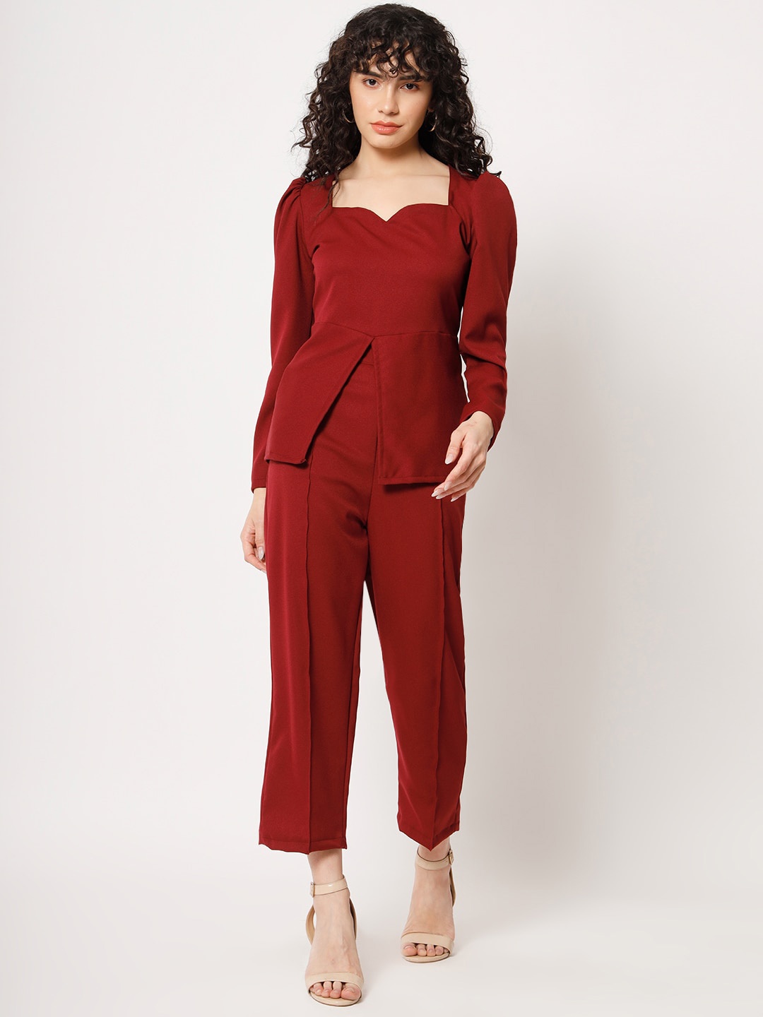 

BCZ Style Sweetheart Neck Puff Sleeves Top & Trousers, Maroon