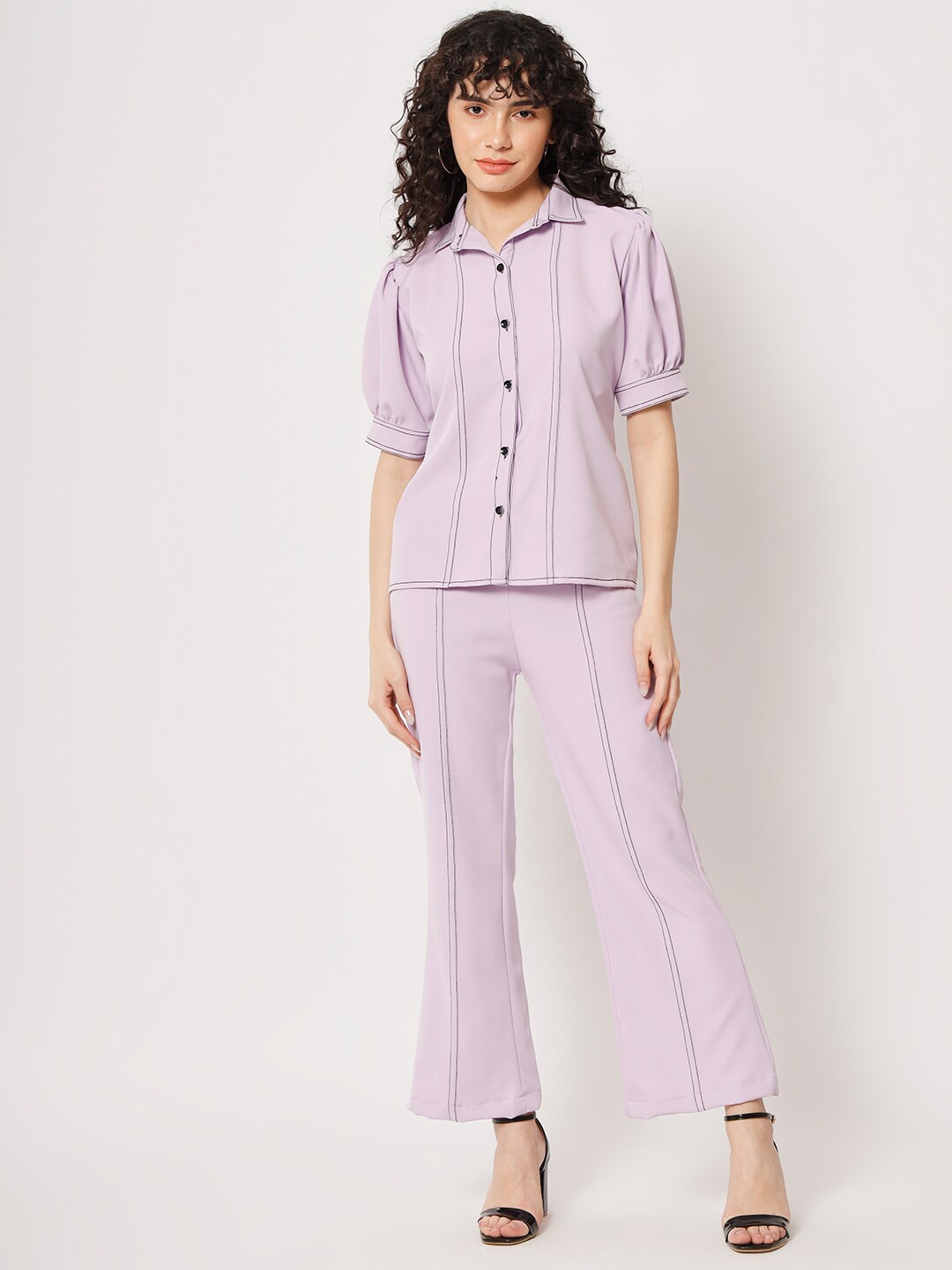 

BCZ Style Shirt Collar Puff Sleeves Shirt With Bootcut Trousers, Lavender