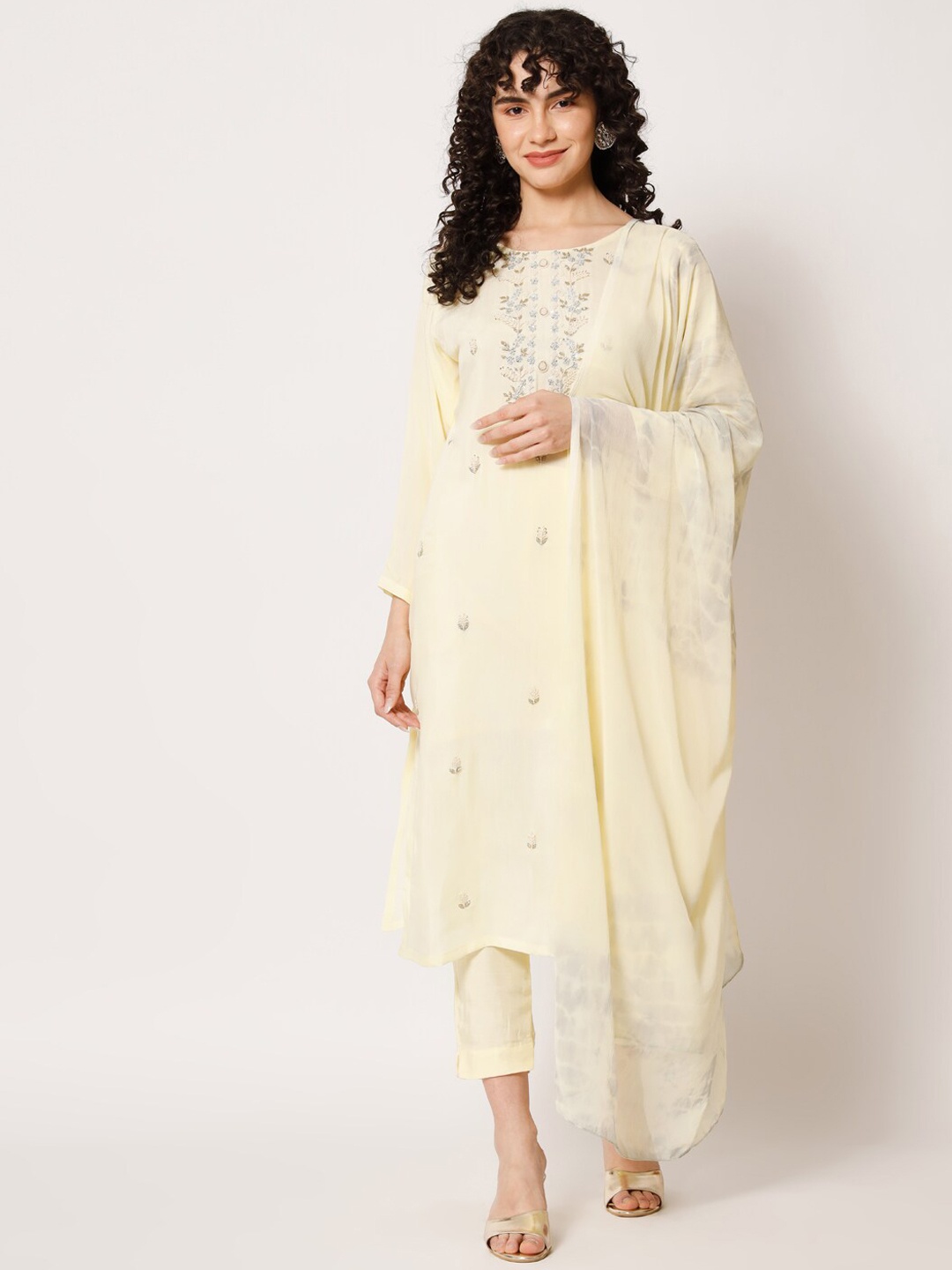 

BCZ Style Floral Embroidered Beads Work Pure Cotton Kurta with Trousers & Dupatta, Yellow