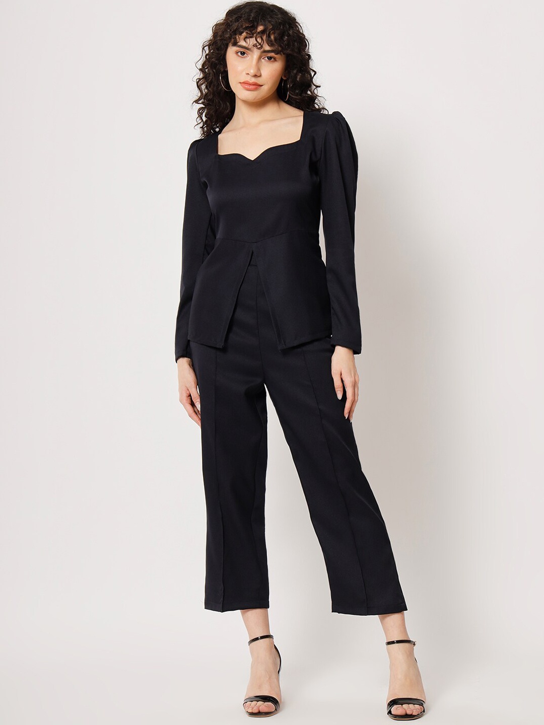 

BCZ STYLE Women Slim Fit Peplum Top & Crop Trousers Co-Ords, Navy blue