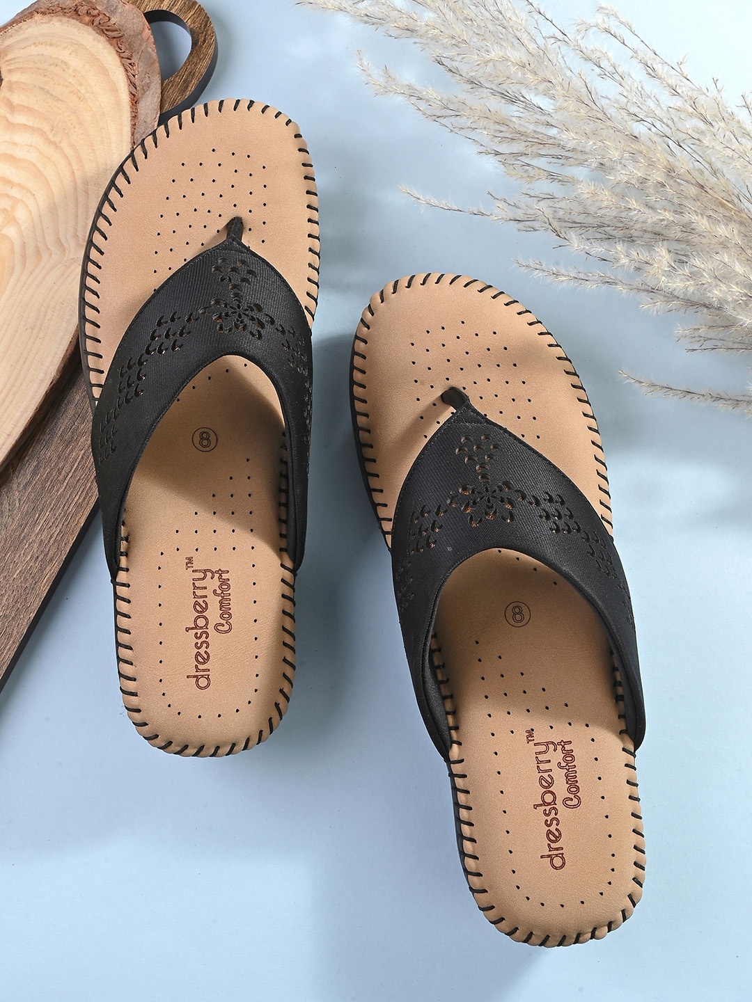 

DressBerry Women Black Textured Open Toe Flats With Laser Cuts