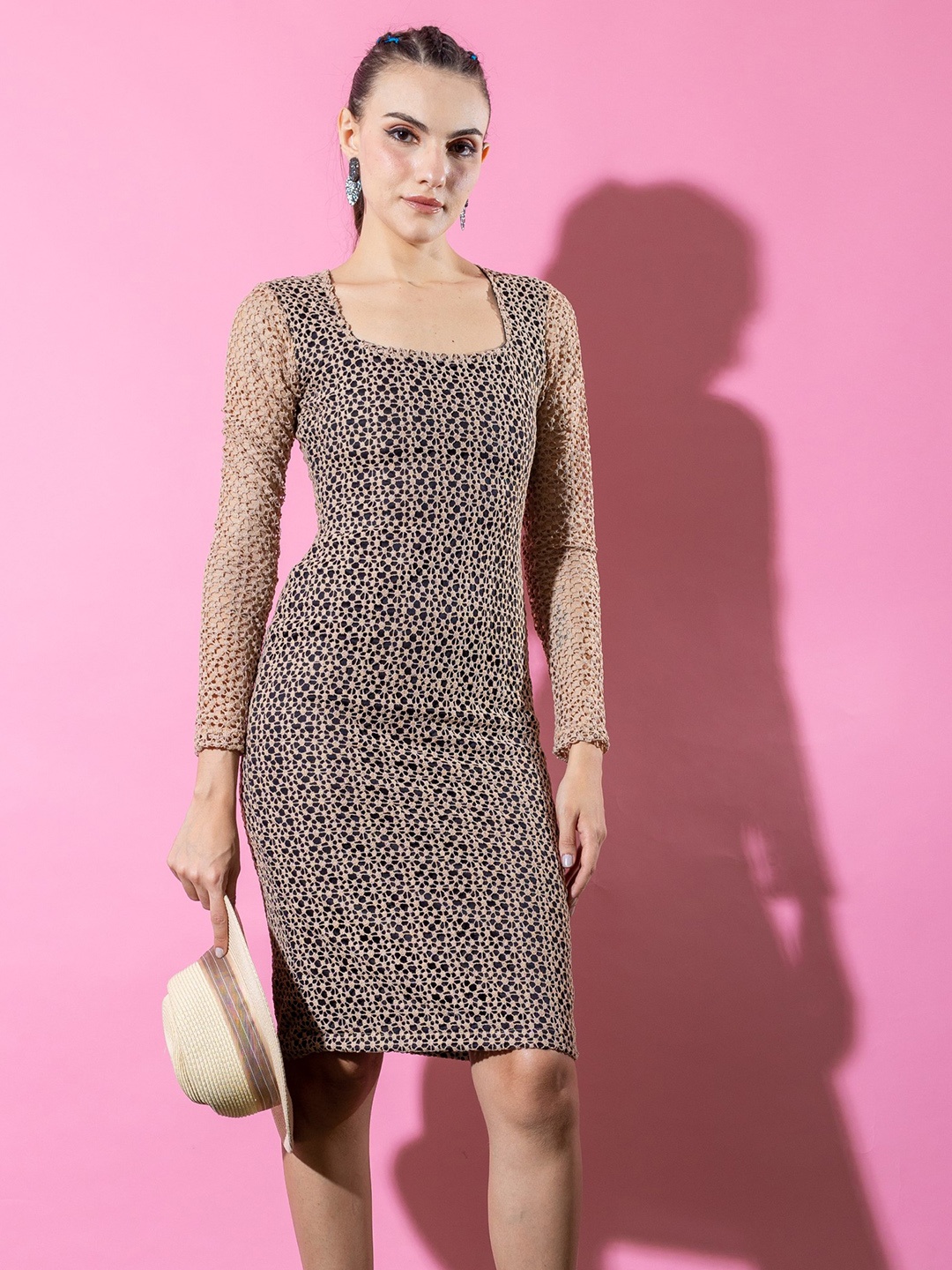 

Stylecast X Hersheinbox Black & Brown Self Designed Square Neck Bodycon Dress