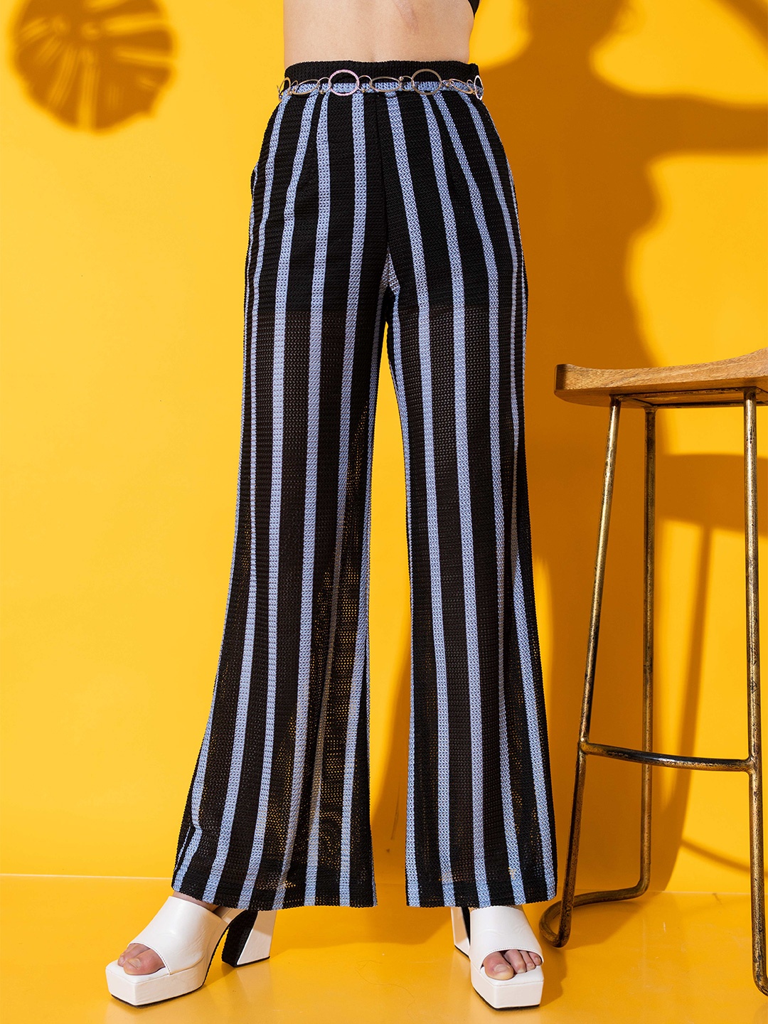 

Stylecast X Hersheinbox Women Black & White Striped High-Rise Flared Parallel Trousers