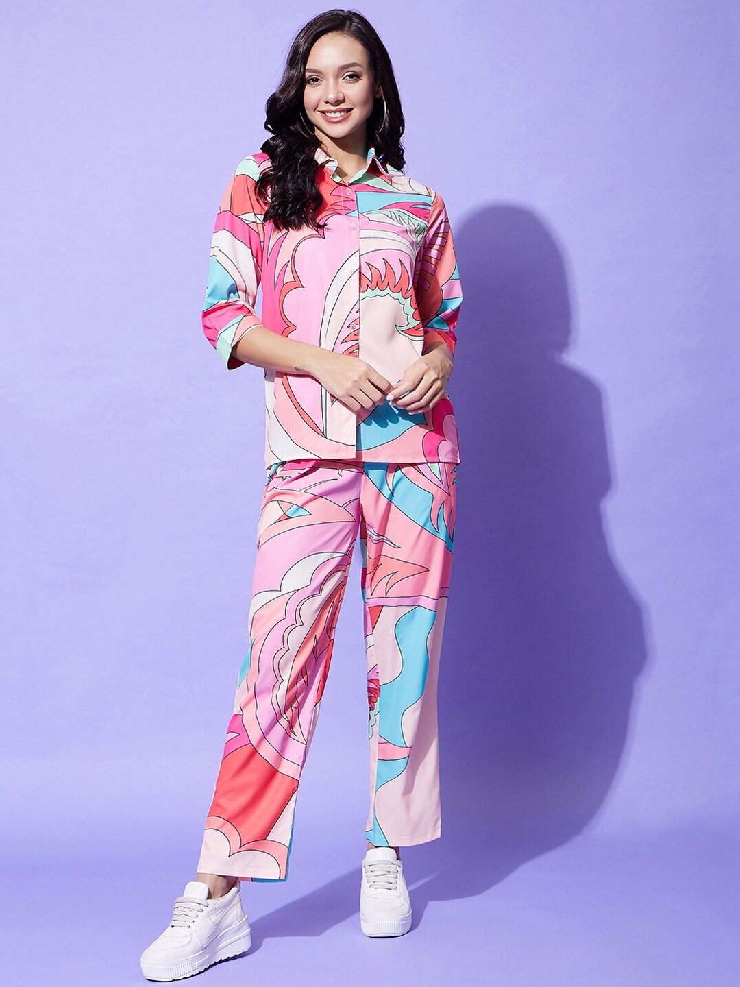 

StyleStone Pink & Blue Abstract Printed Long Sleeves Shirt & Trousers