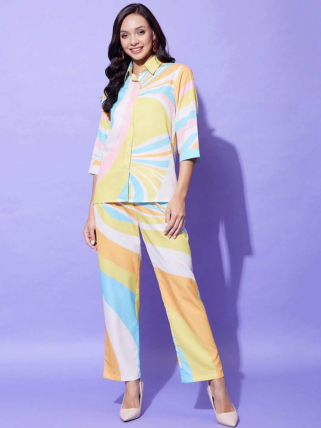 

StyleStone Yellow & Blue Abstract Printed Long Sleeves Shirt & Trousers