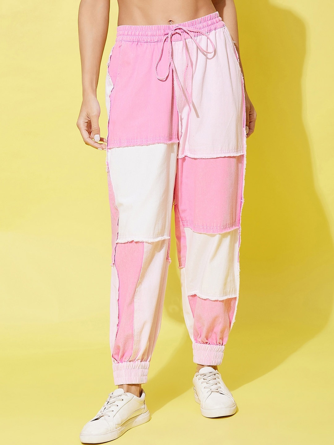 

StyleStone Women Pink & White Patch Work Relaxed Joggers Trousers