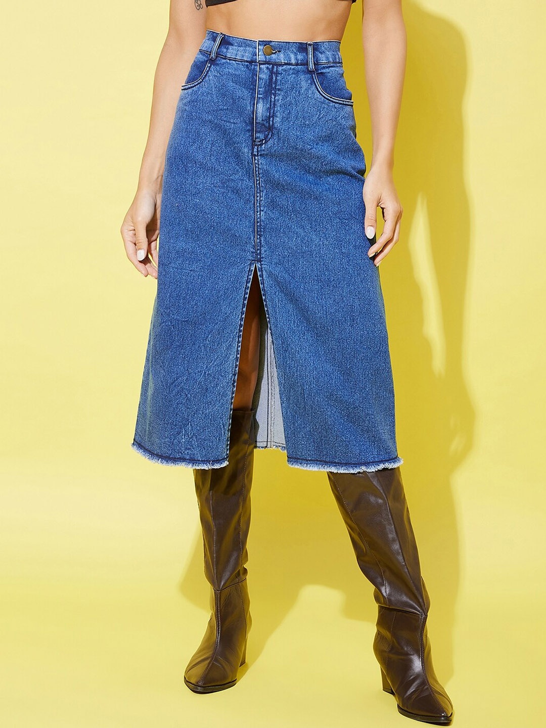 

StyleStone A-Line Center Slit Denim Midi Skirt with Fringed Hem, Blue