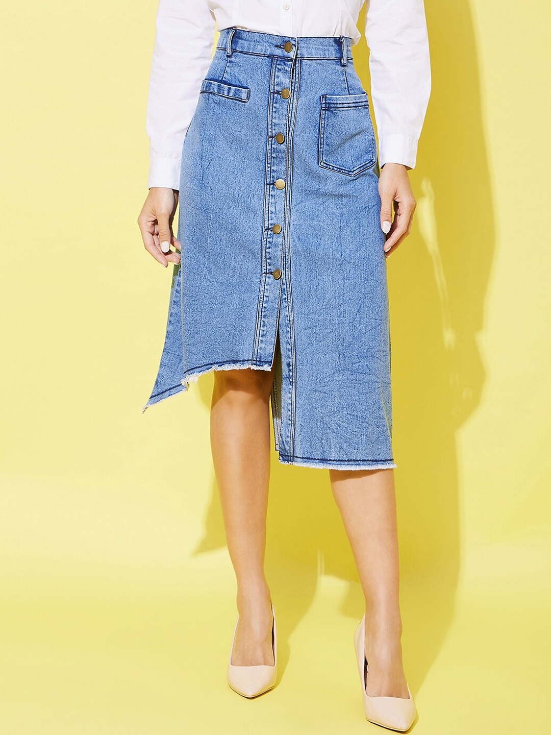 

StyleStone Knee Length Straight Denim Skirt, Blue