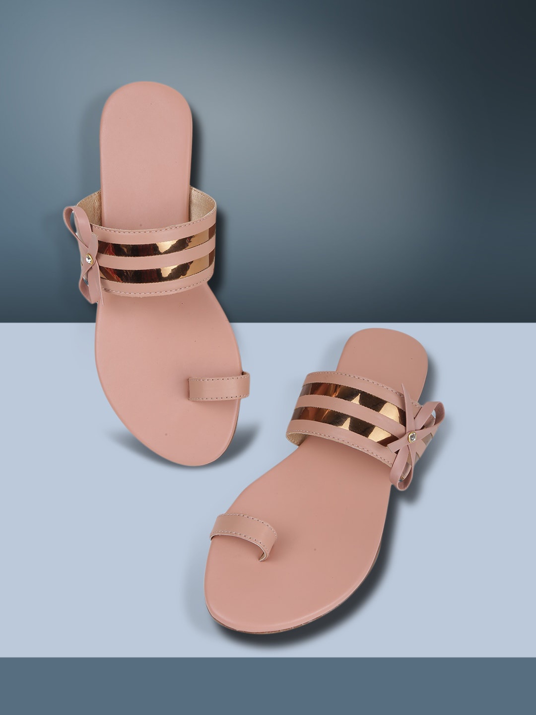 

PERY PAO Women Striped Open One Toe Flats With Bows, Peach