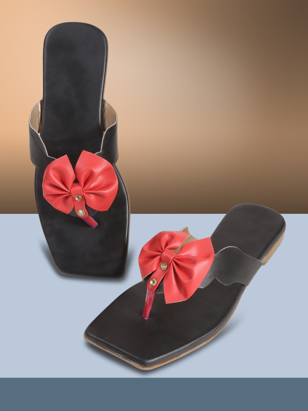 

PERY PAO Women T-Strap Flats With Bows, Black