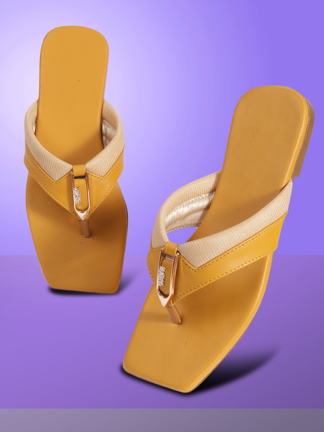 

PERY PAO Women T-Straps Open Toe Slip On Flats, Mustard