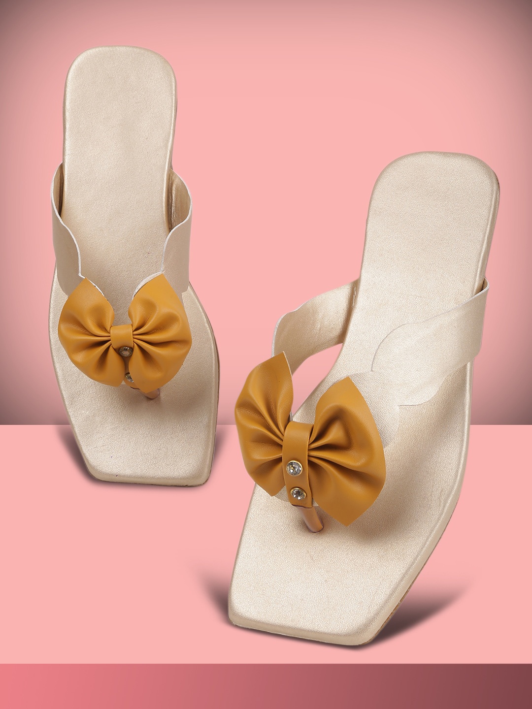 

PERY PAO Women T-Strap Flats With Bows, Gold