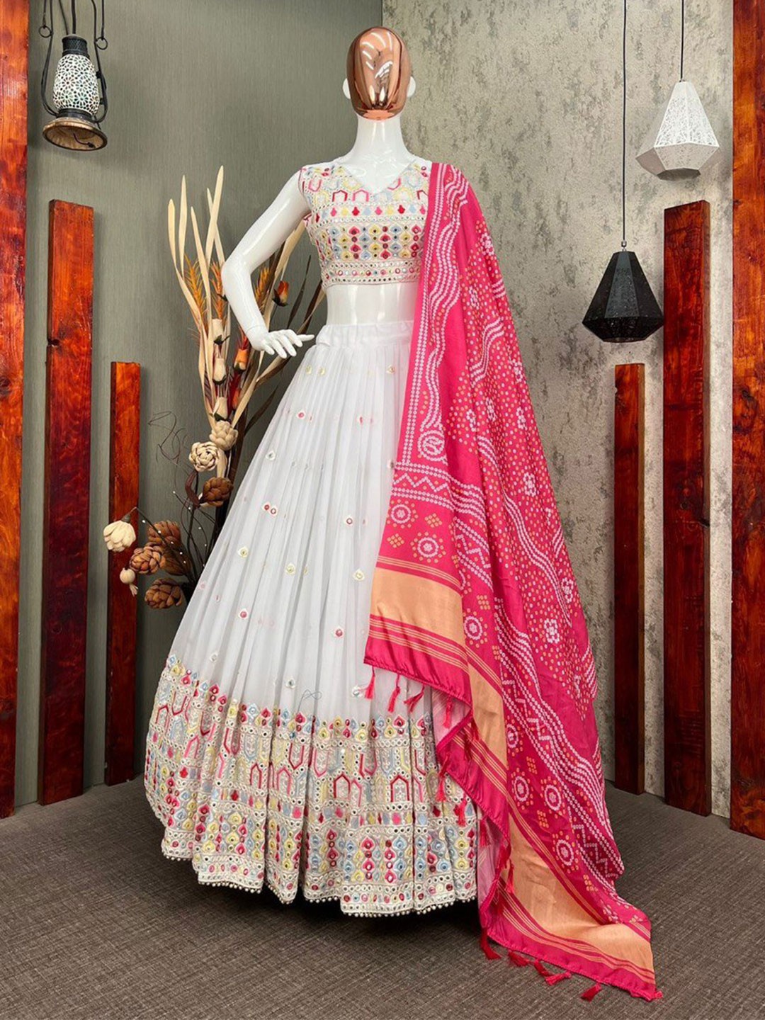 

Bollyclues Embroidered Mirror Work Semi-Stitched Lehenga Choli With Dupatta, White