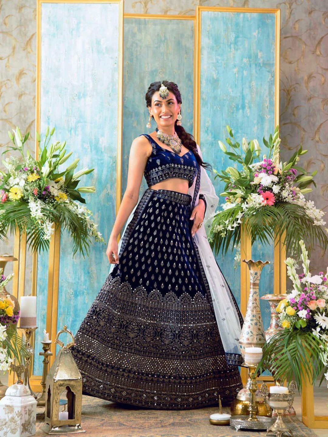 

Bollyclues Embellished Semi-Stitched Lehenga & Unstitched Blouse With Dupatta, Navy blue