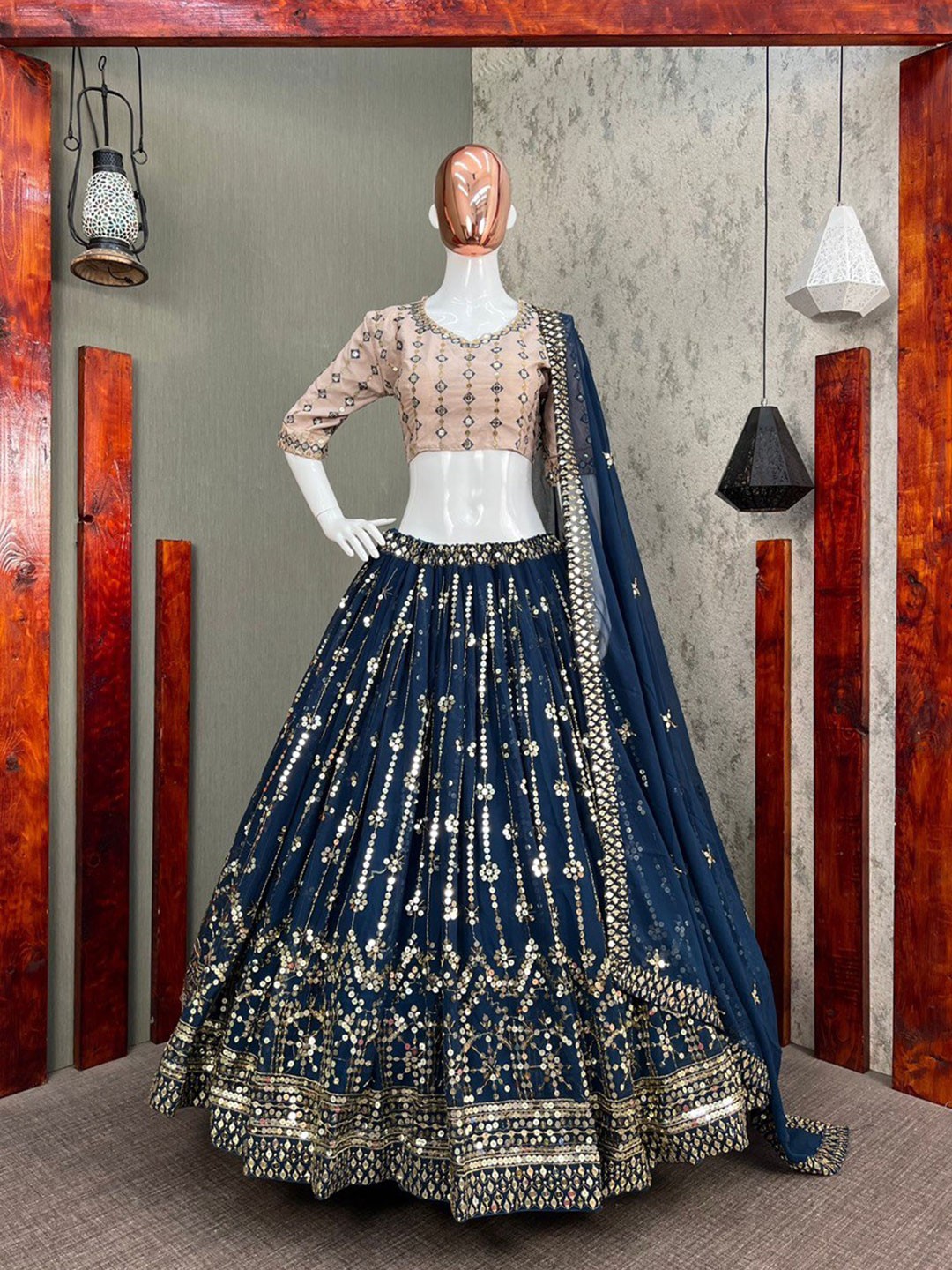 

Bollyclues Embellished Semi-Stitched Lehenga & Unstitched Blouse With Dupatta, Navy blue