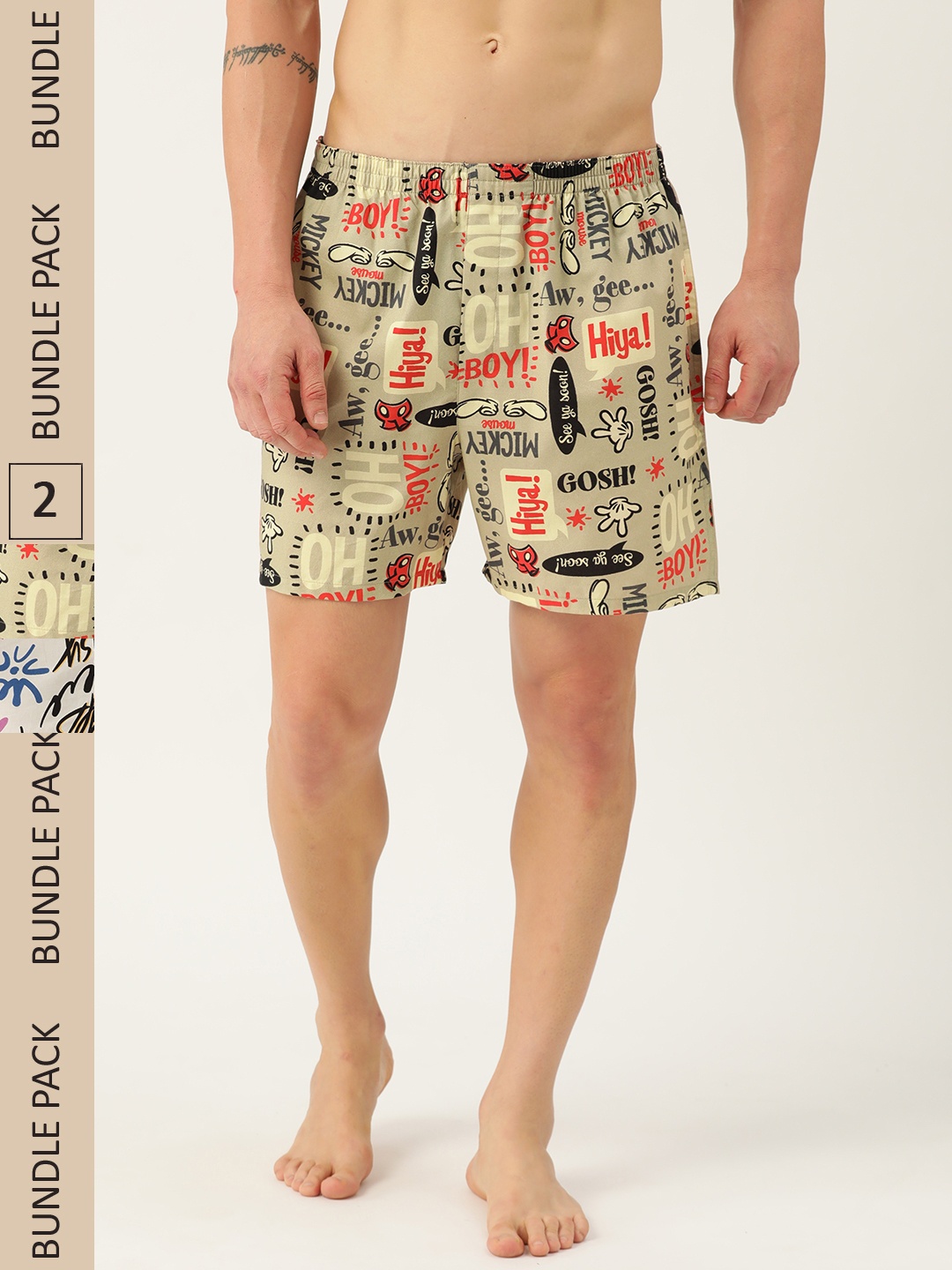 

Kook N Keech Men Set of 2 Mickey Mouse Printed Cotton Boxers KS22M761, Beige